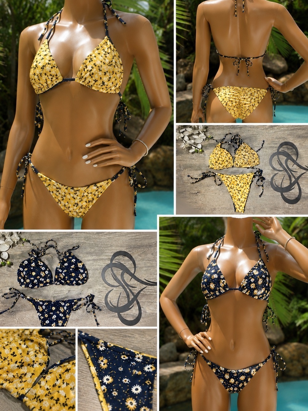 Reversible Floral Triangle Bikini Set | Yellow & Navy Daisy Swimwear | Medium